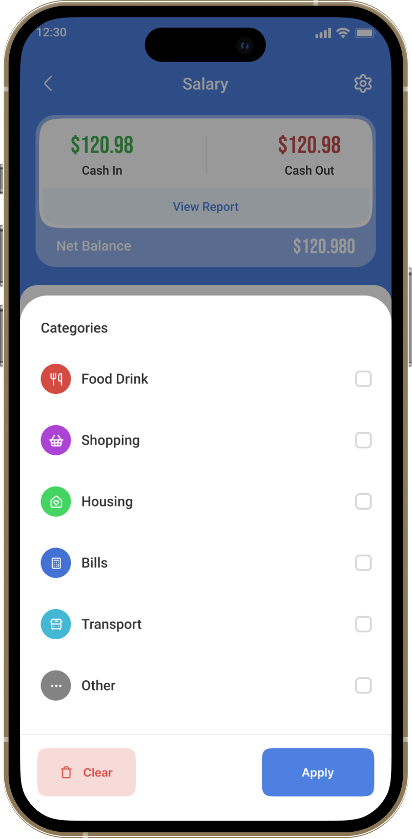 Income tracking categories screen