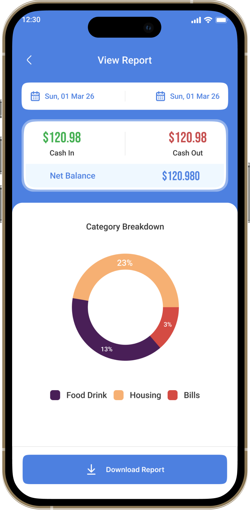 Financial activity report screen