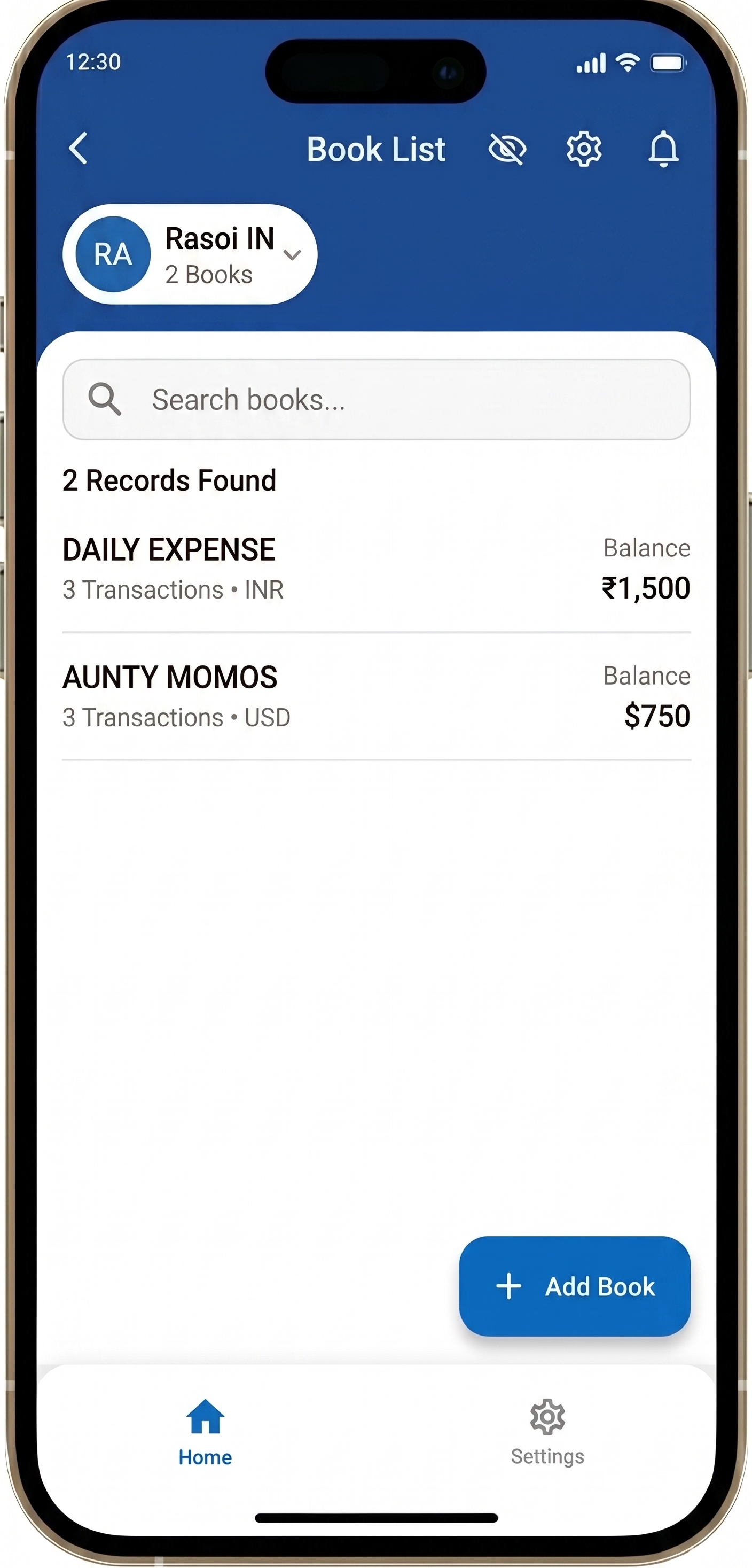 Cashbook list screen