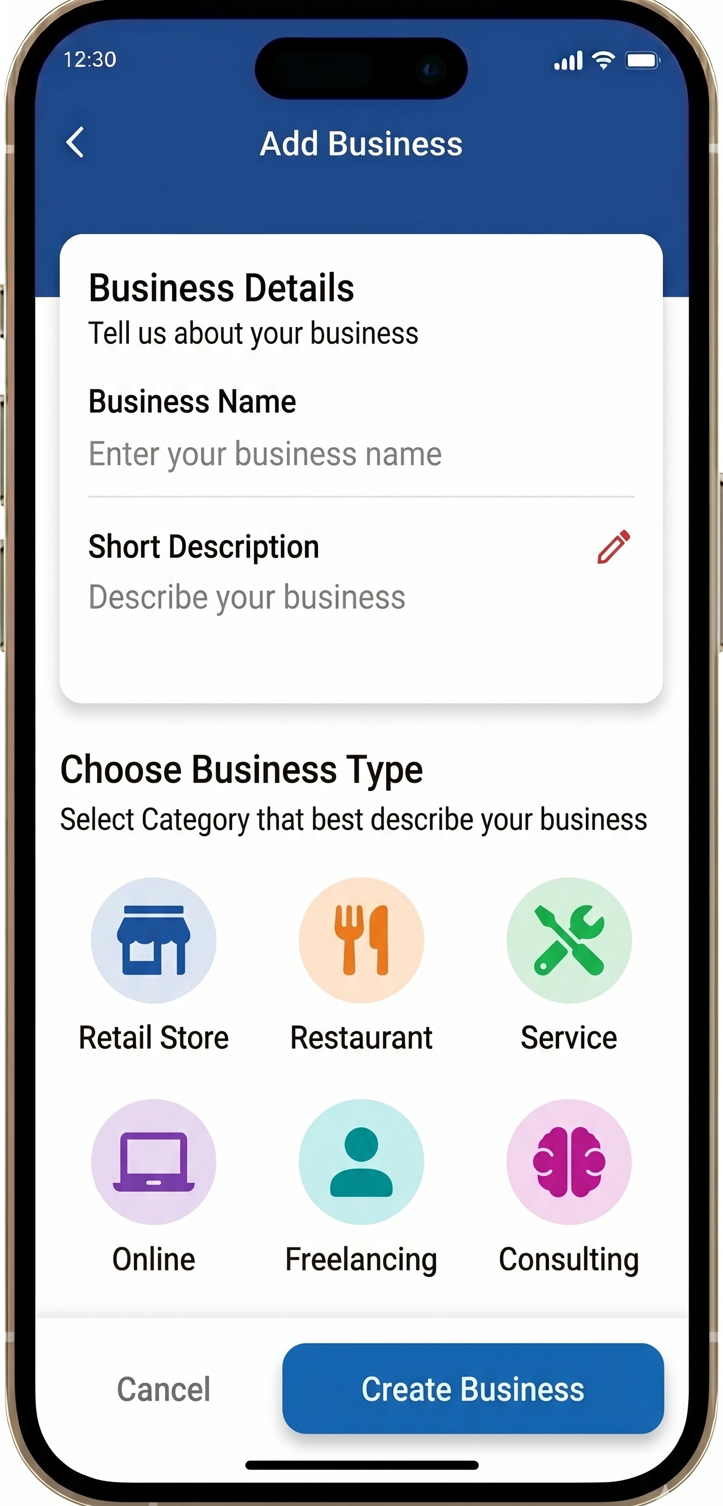 Create business screen